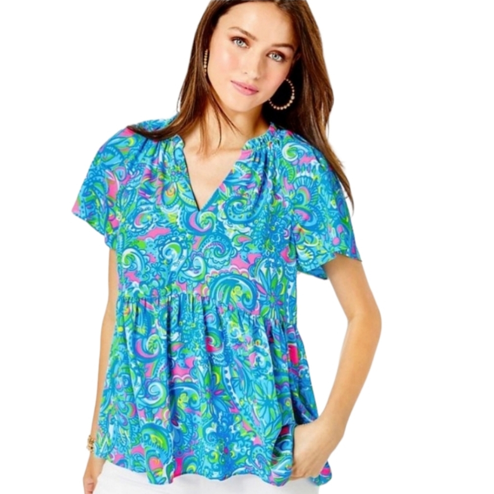 Lilly Pulitzer Blue Multi Paisley V-Neck Flutter Sleeve Top